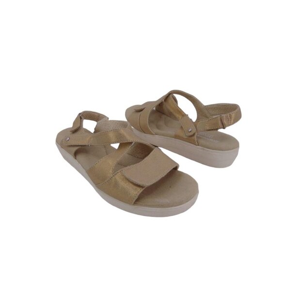 Grasshoppers Leah Two Strap Sandals 9.5 W Wide Gold Linen Textile Shoes - Picture 10 of 14